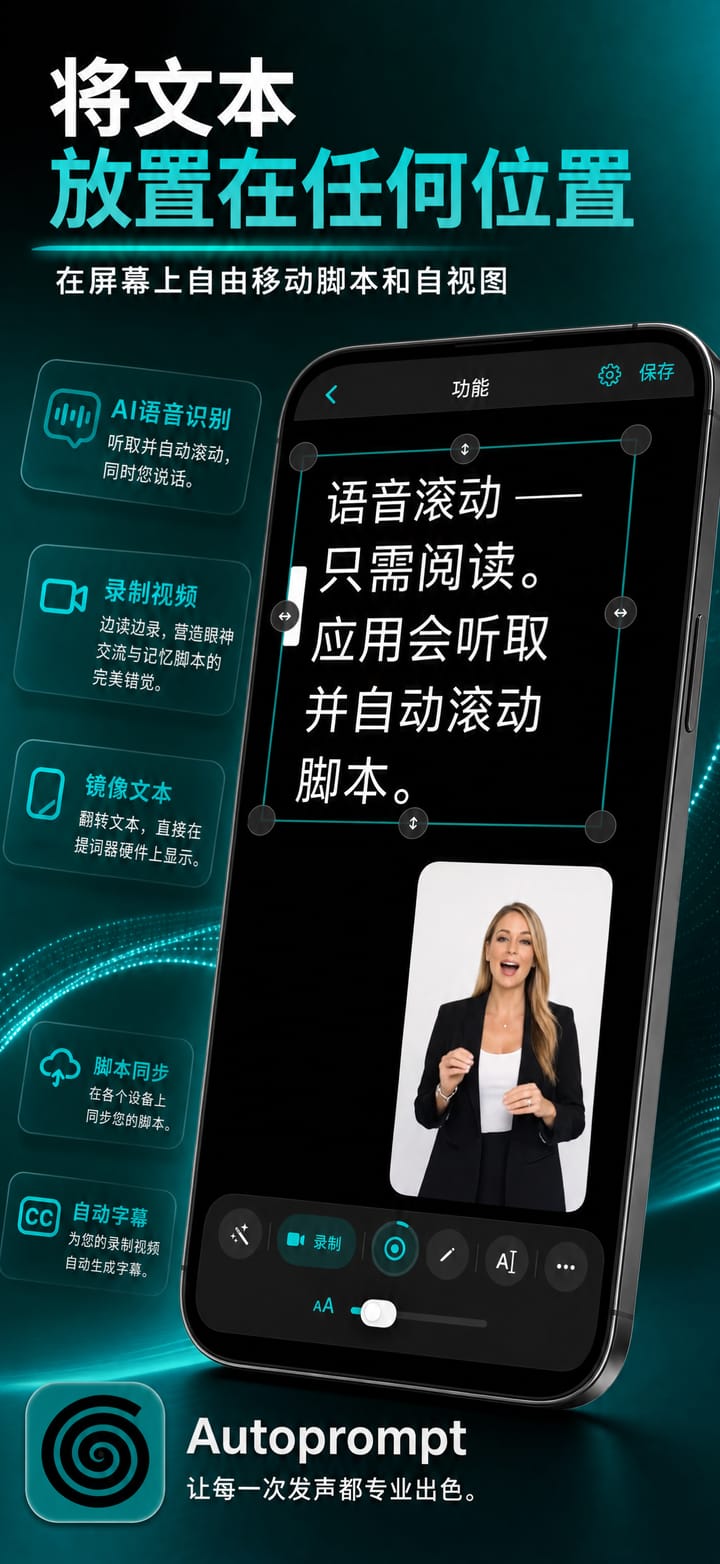 在 iPhone 上的 Autoprompt 中移动脚本和自拍画面并调整大小