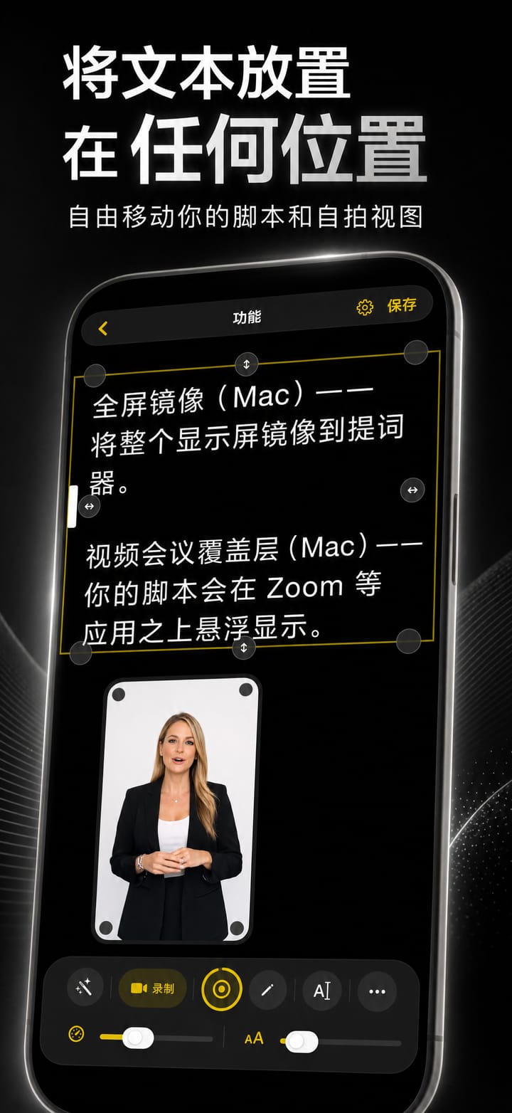在 iPhone 上的 Telepromptme 中移动脚本和自拍画面并调整大小