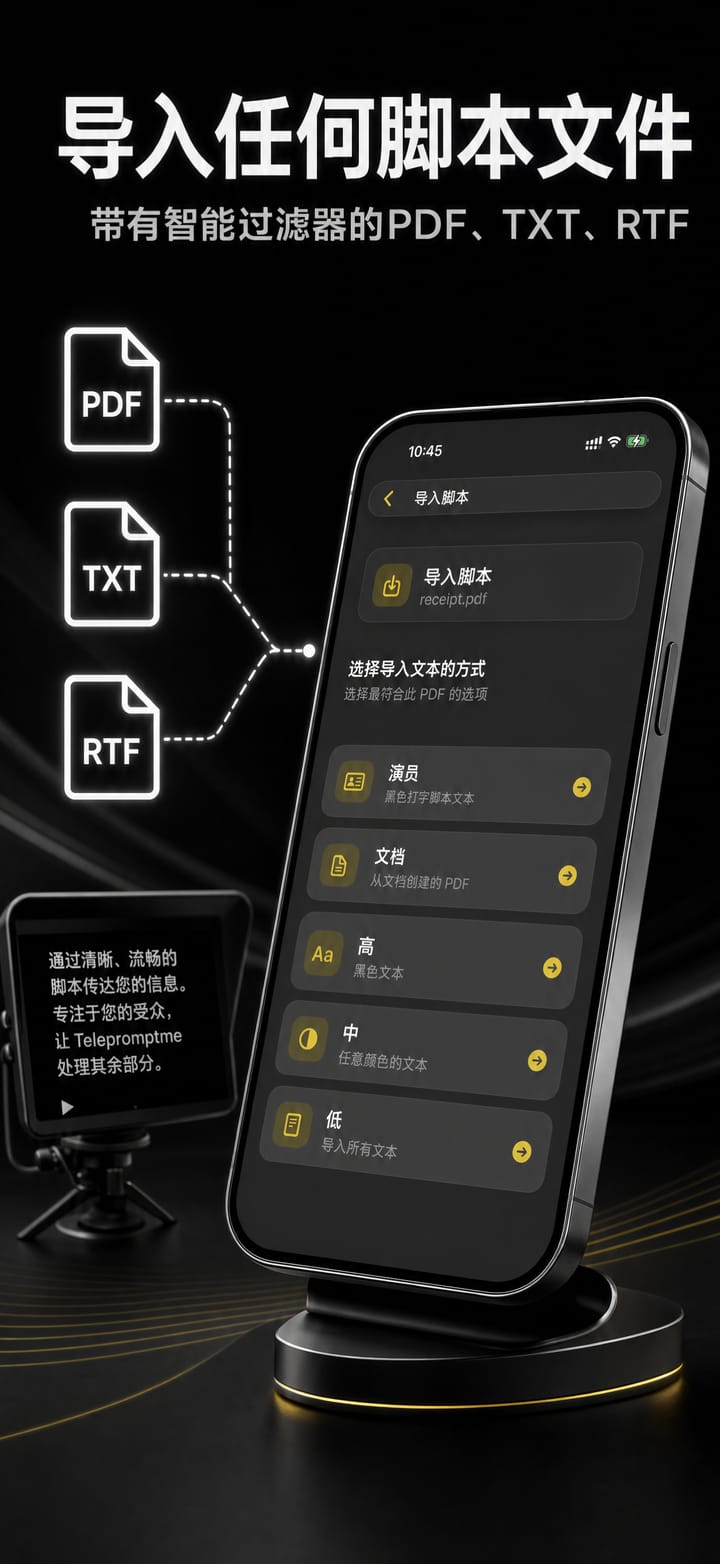 在 iPhone 上将 PDF、TXT 或 RTF 脚本导入 Telepromptme