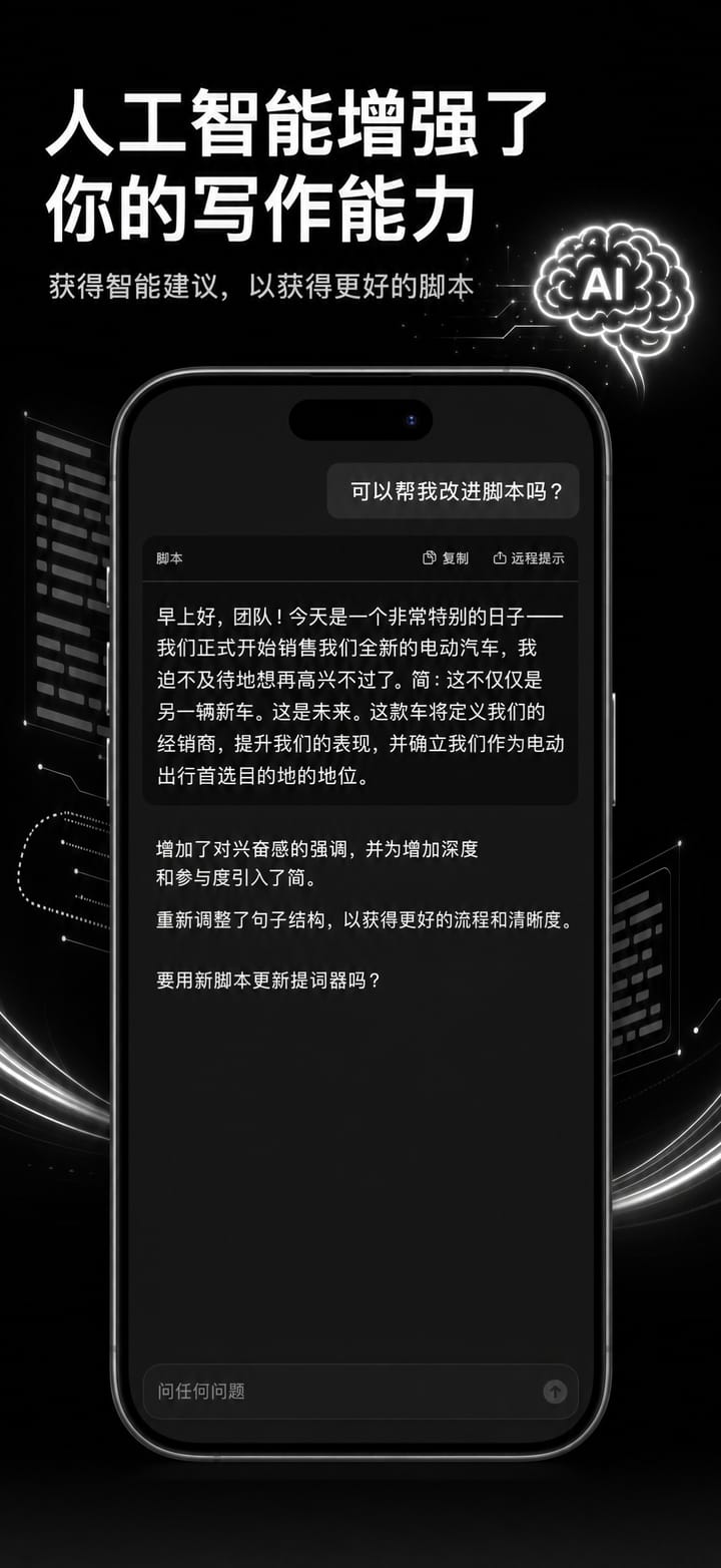 iPhone 上的 Telepromptme 中，AI 助手正在优化脚本