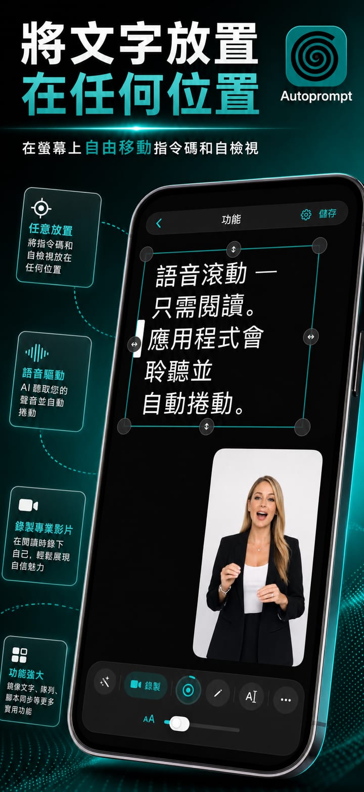 在 iPhone 上的 Autoprompt 中移動腳本和自拍畫面並調整大小